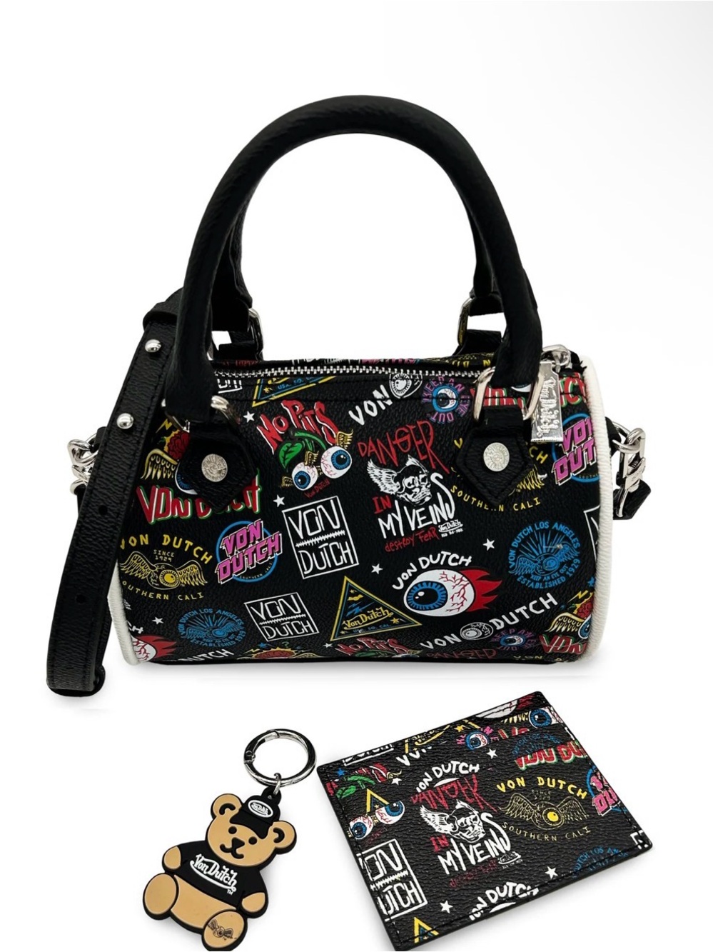 Von Dutch Gift Set- Black Multicolor Jax Mini Satchel with Removable Strap